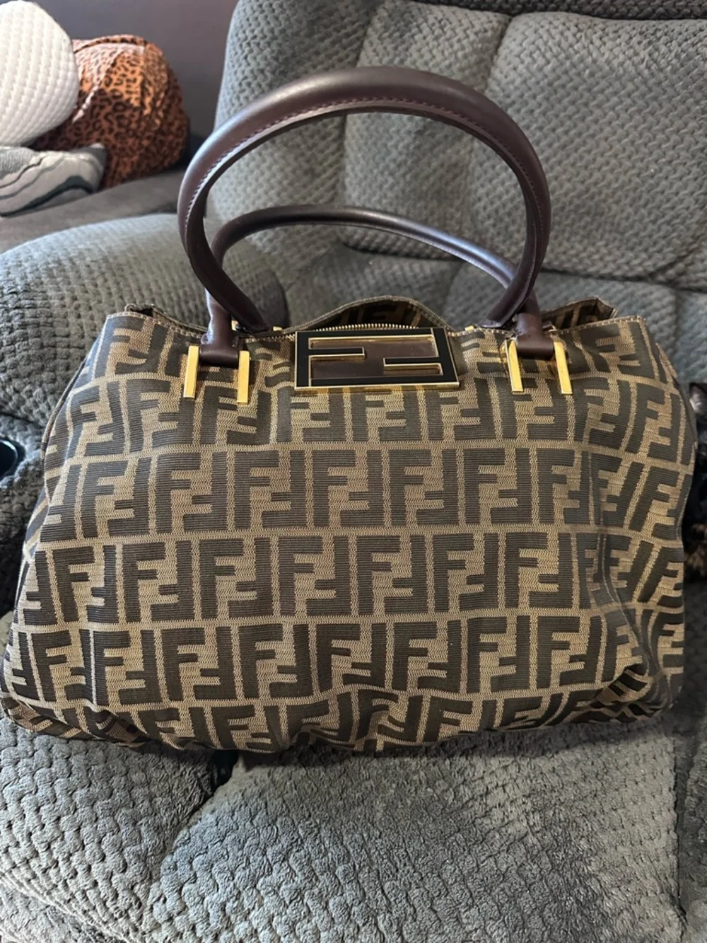 Fendi Brown Zucca Pattern Shoulder Bag with Logo Plaque